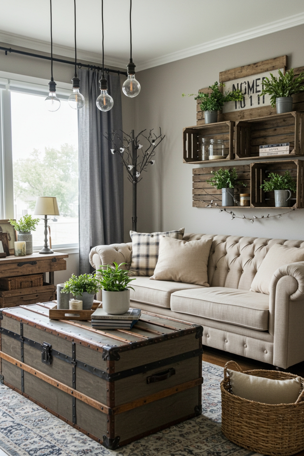 Rustic Farmhouse Living Room With Tufted Beige Sofa 