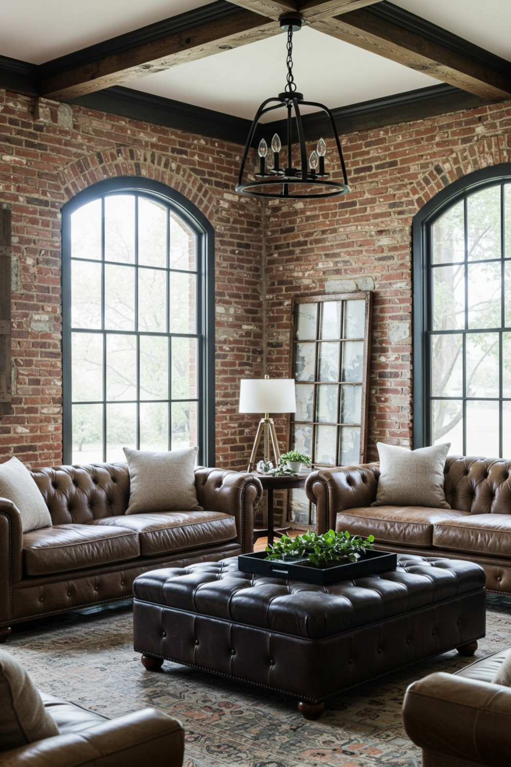 Rustic Industrial Living Room With Exposed Brick Walls Dark Wood Ceiling Beams