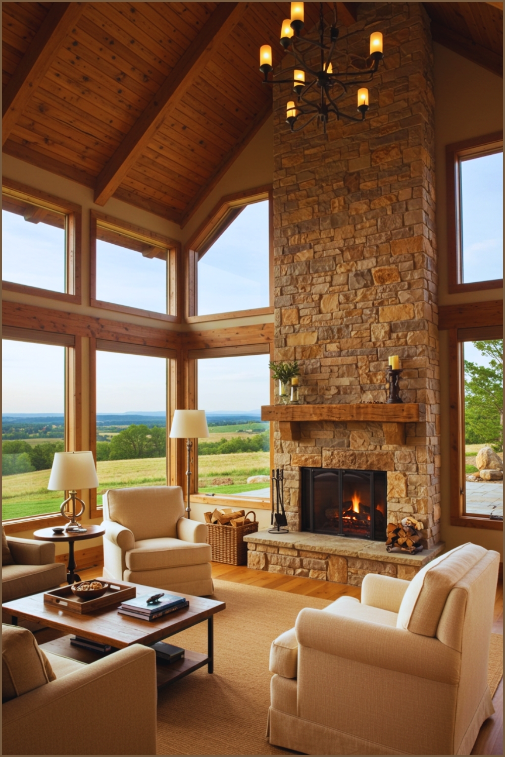 Rustic Living Room With Vaulted Wooden Ceiling, Large Windows Opening