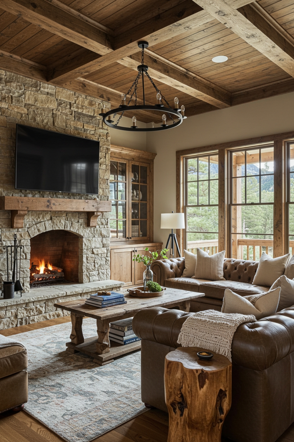 Rustic Lodge Living Room With Wooden Coffered Ceiling 