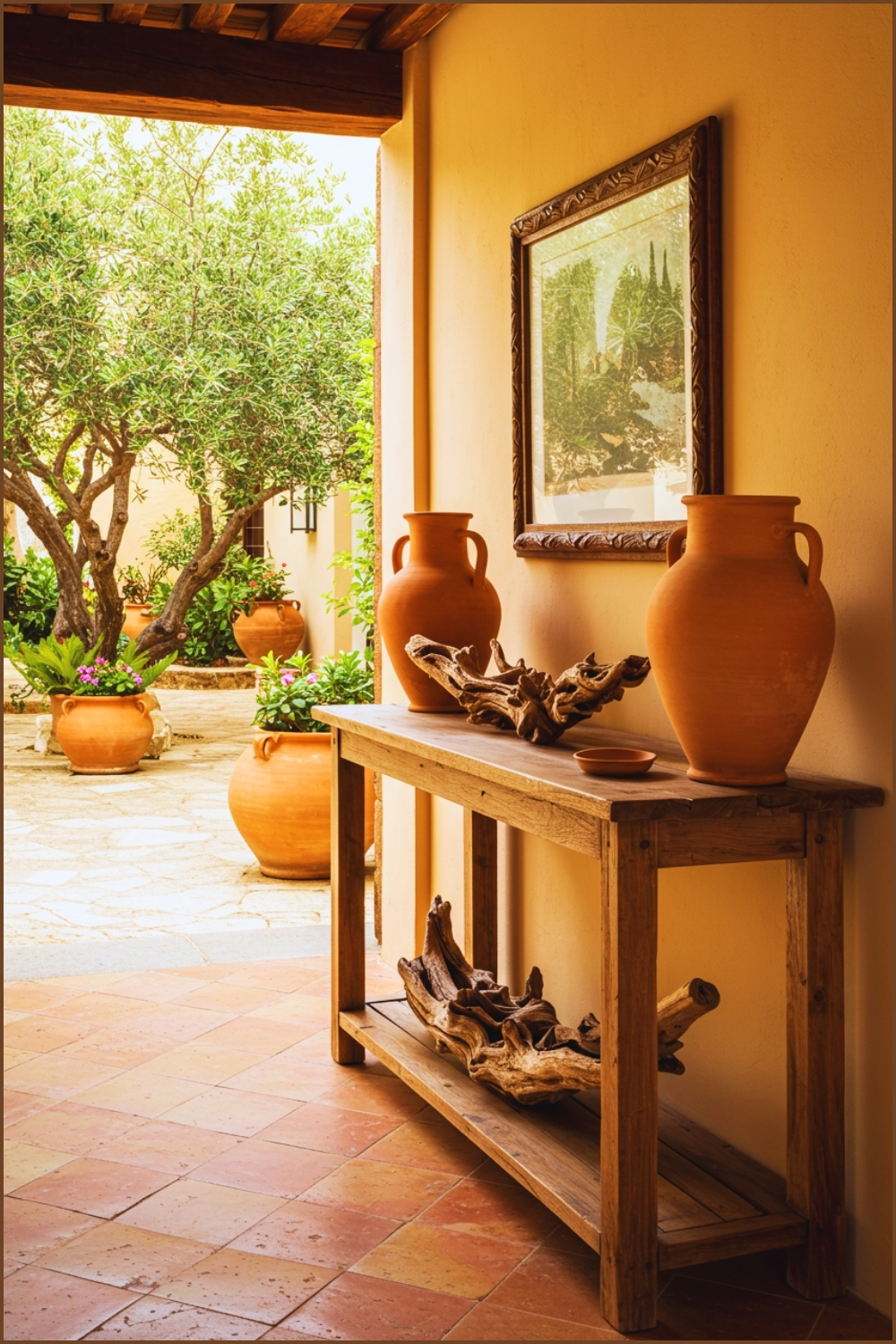 Rustic Mediterranean Entryway With Natural Wooden Console Table