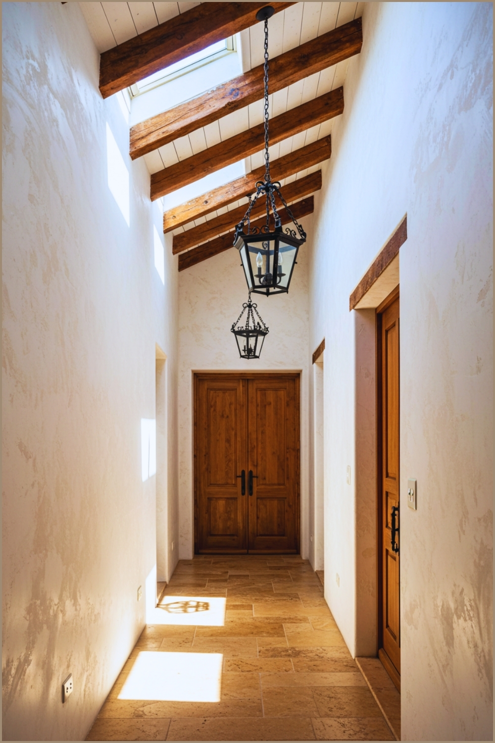 Rustic Mediterranean Hallway With White Textured Plaster Walls