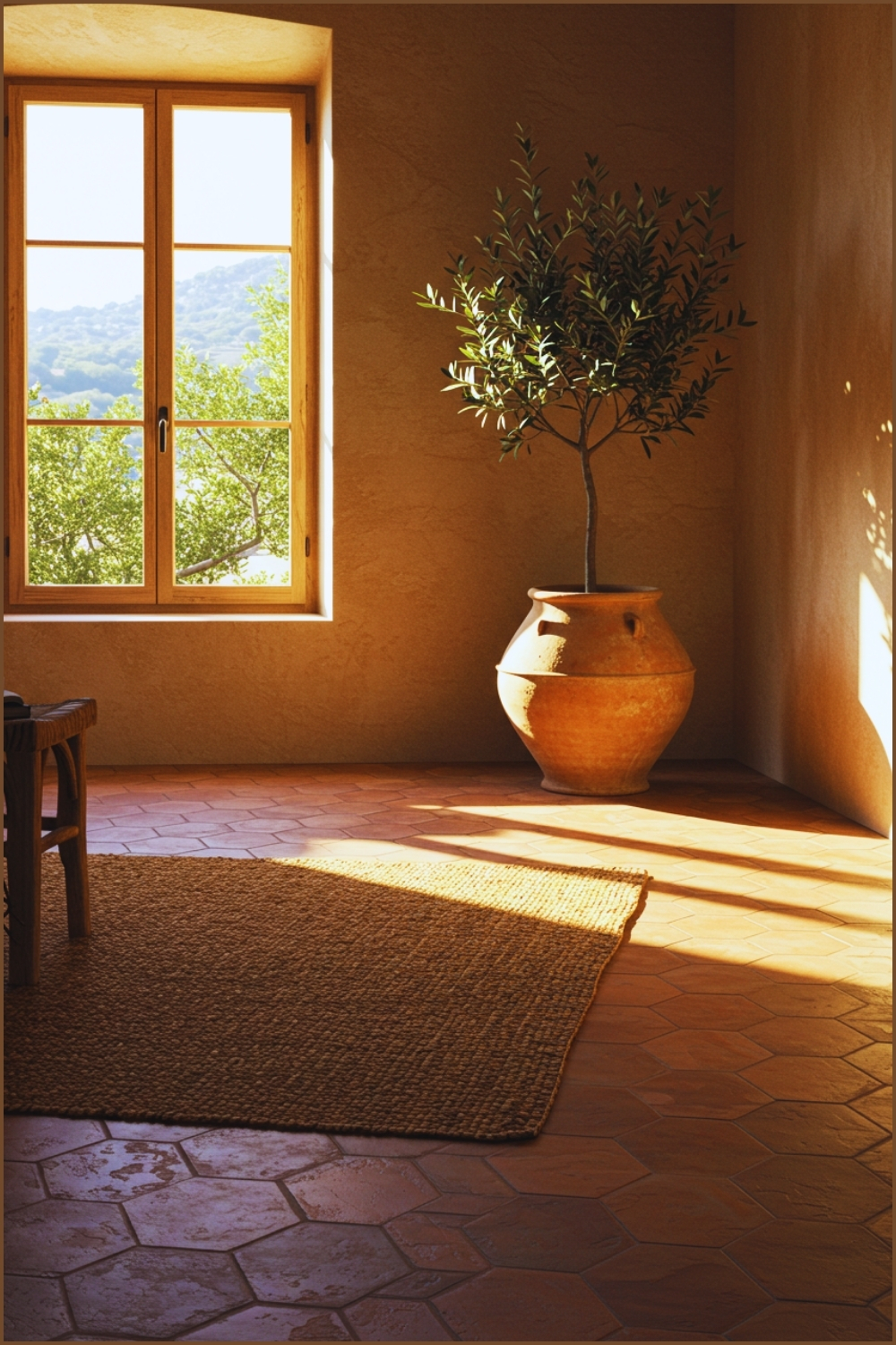 Rustic Mediterranean Interior With Terracotta Hexagon Tile Flooring