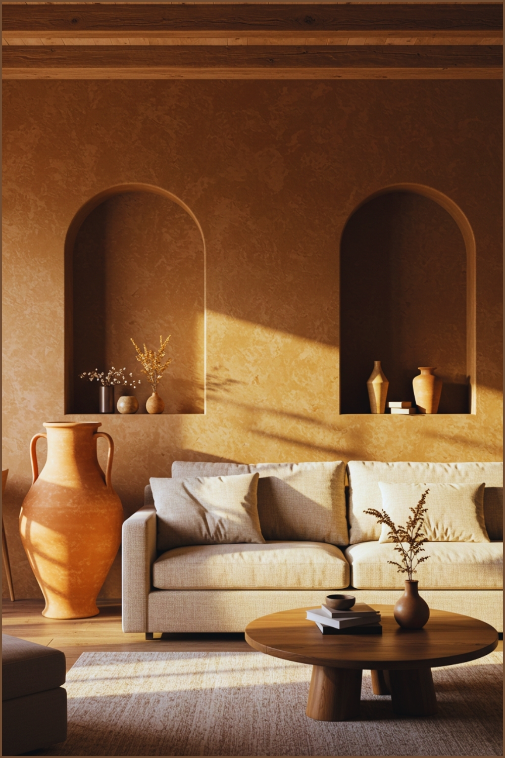 Rustic Mediterranean Living Room With Textured Plaster Walls