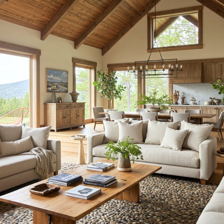 Rustic Modern Living Room With Vaulted Wooden Beam Ceiling