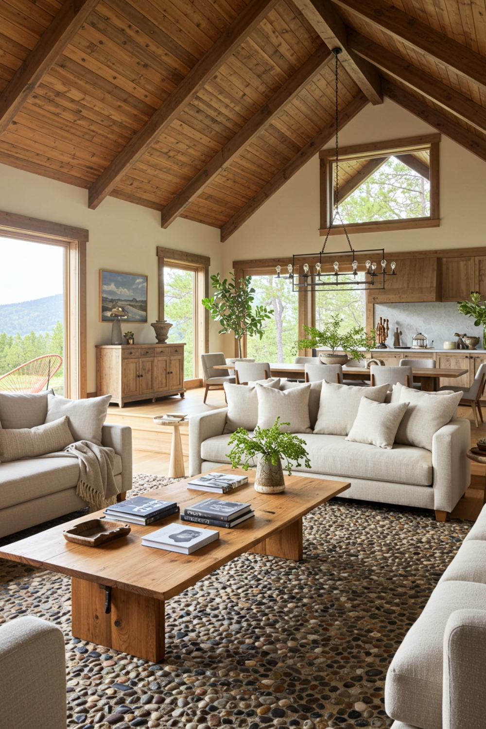 Rustic Modern Living Room With Vaulted Wooden Beam Ceiling