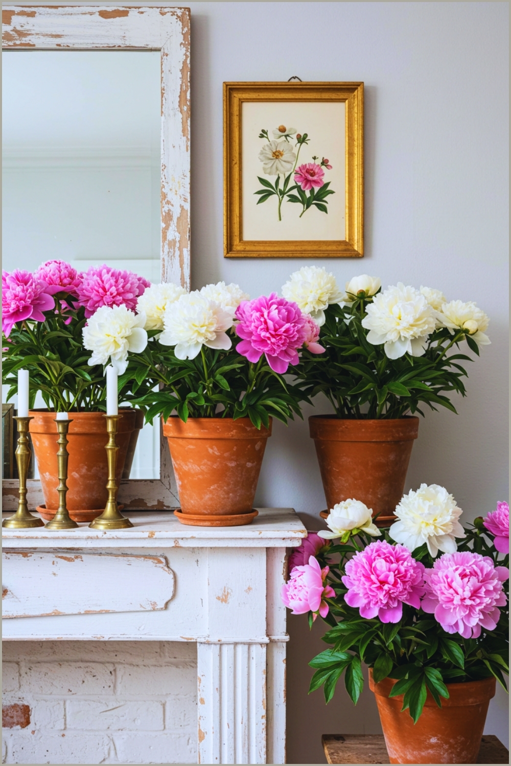 Rustic Shabby Chic Interior With Terracotta Pots Of Blooming Peonies