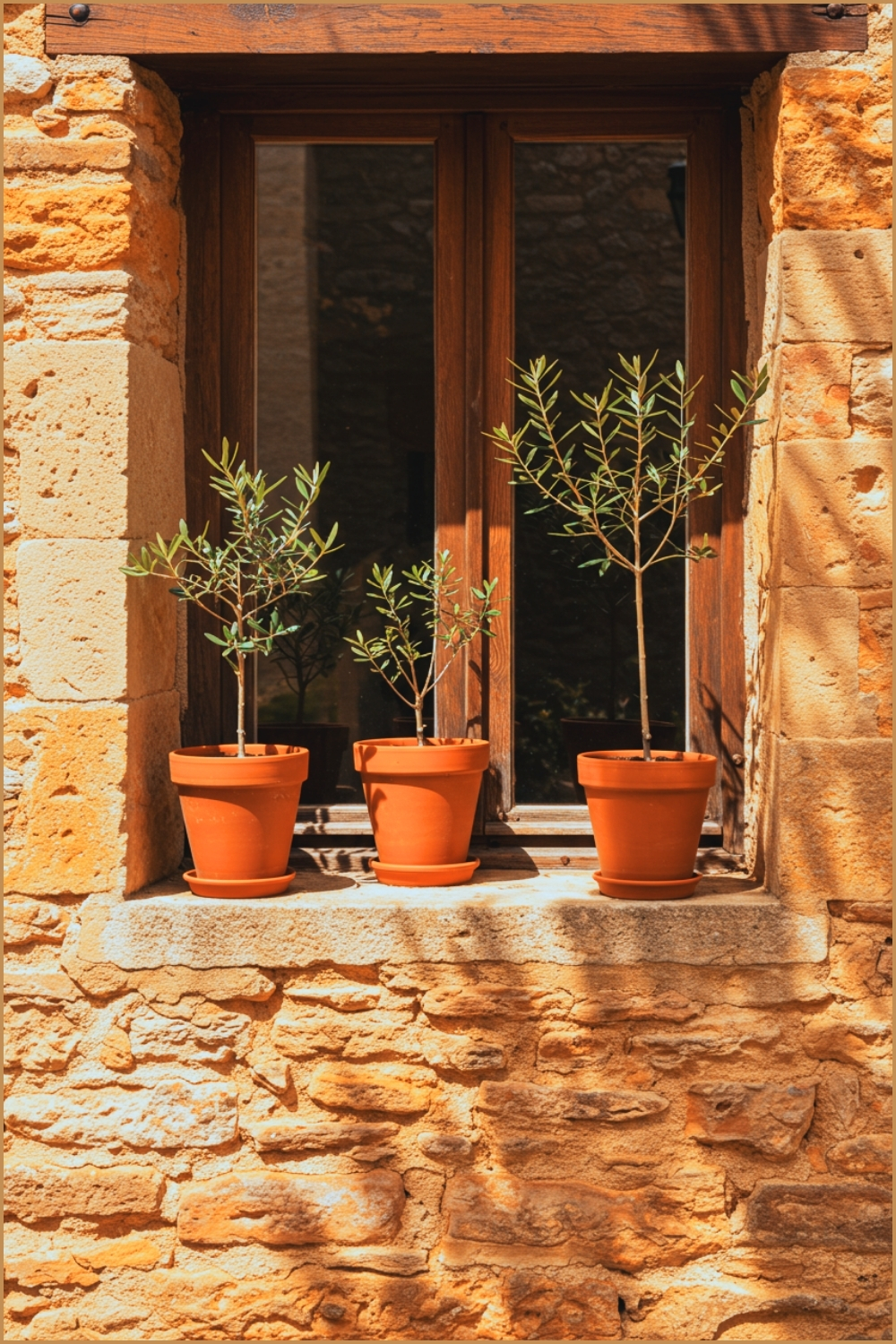 Rustic Stone Window Ledge With Terracotta Pots Holding Small Olive Plants