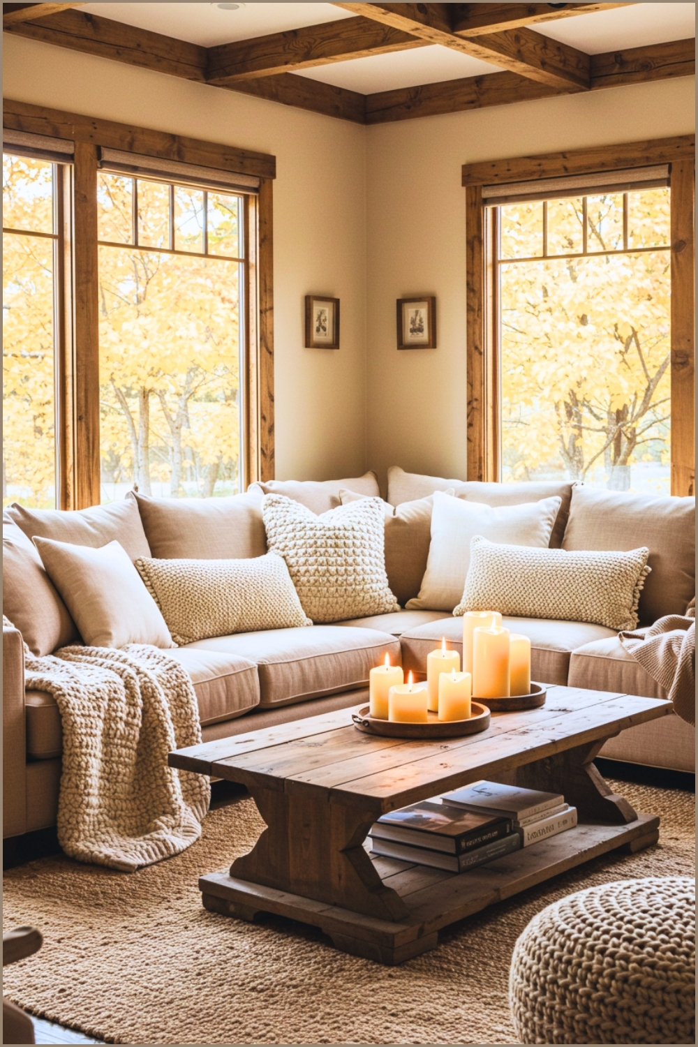 Rustic-inspired Living Room With Beige Sectional Sofa, Fluffy Pillows