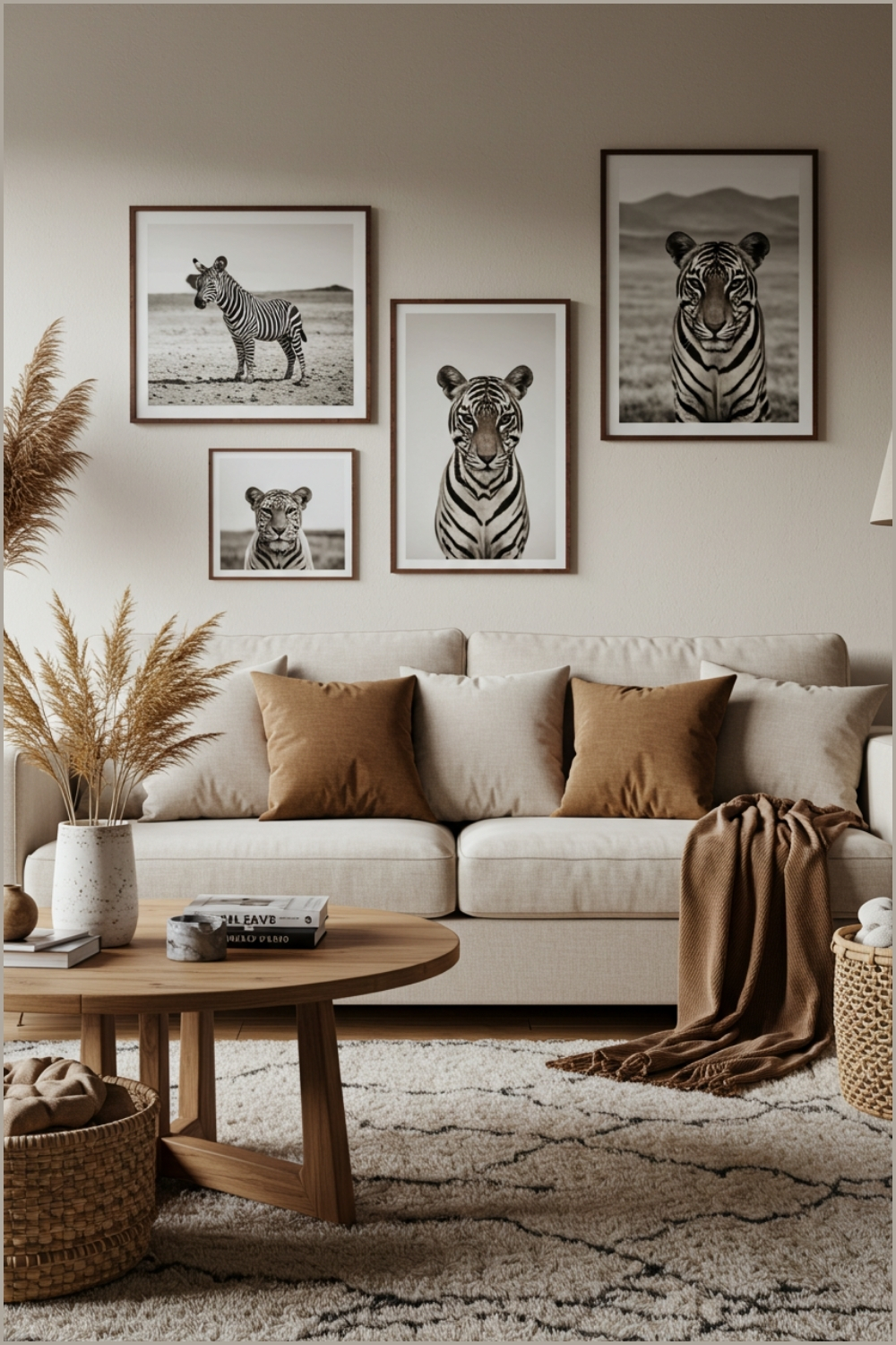 Safari Inspired Living Room, Beige Sofa With Brown Pillows