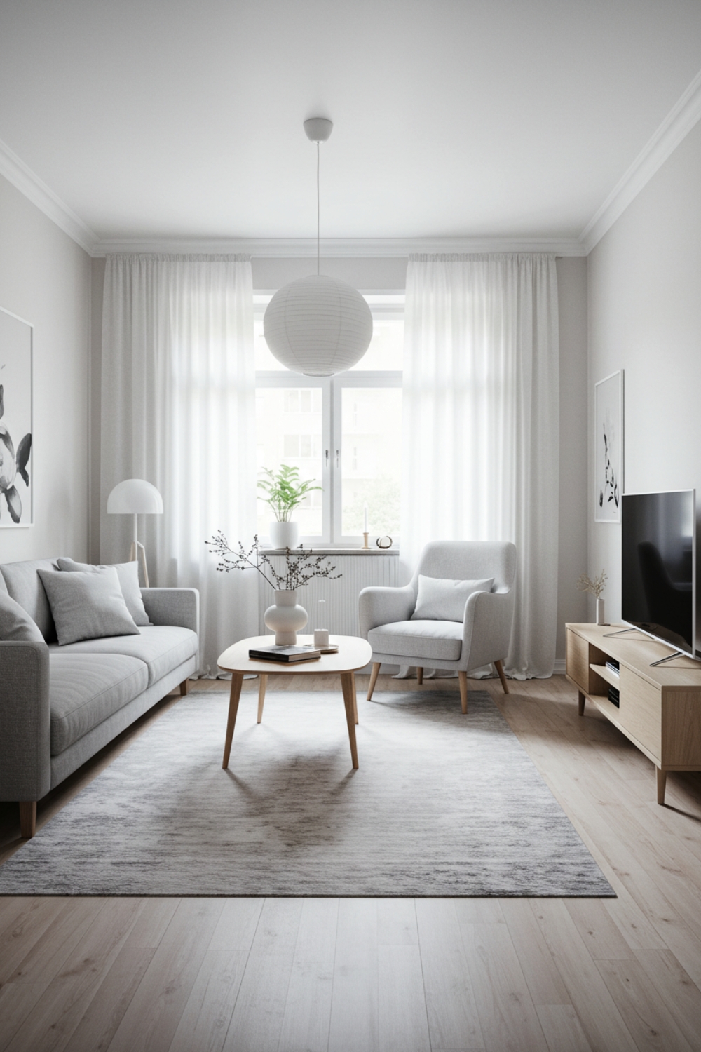 Scandinavian Minimalist Living Room With White Walls And Gray Sofa 