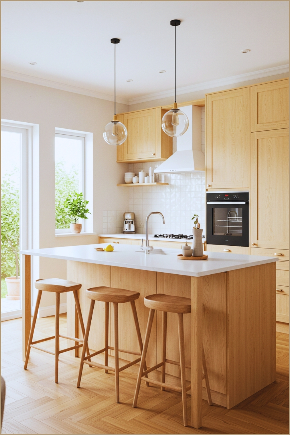 Scandinavian Modern Kitchen With Light Wood Cabinetry White Quartz Island