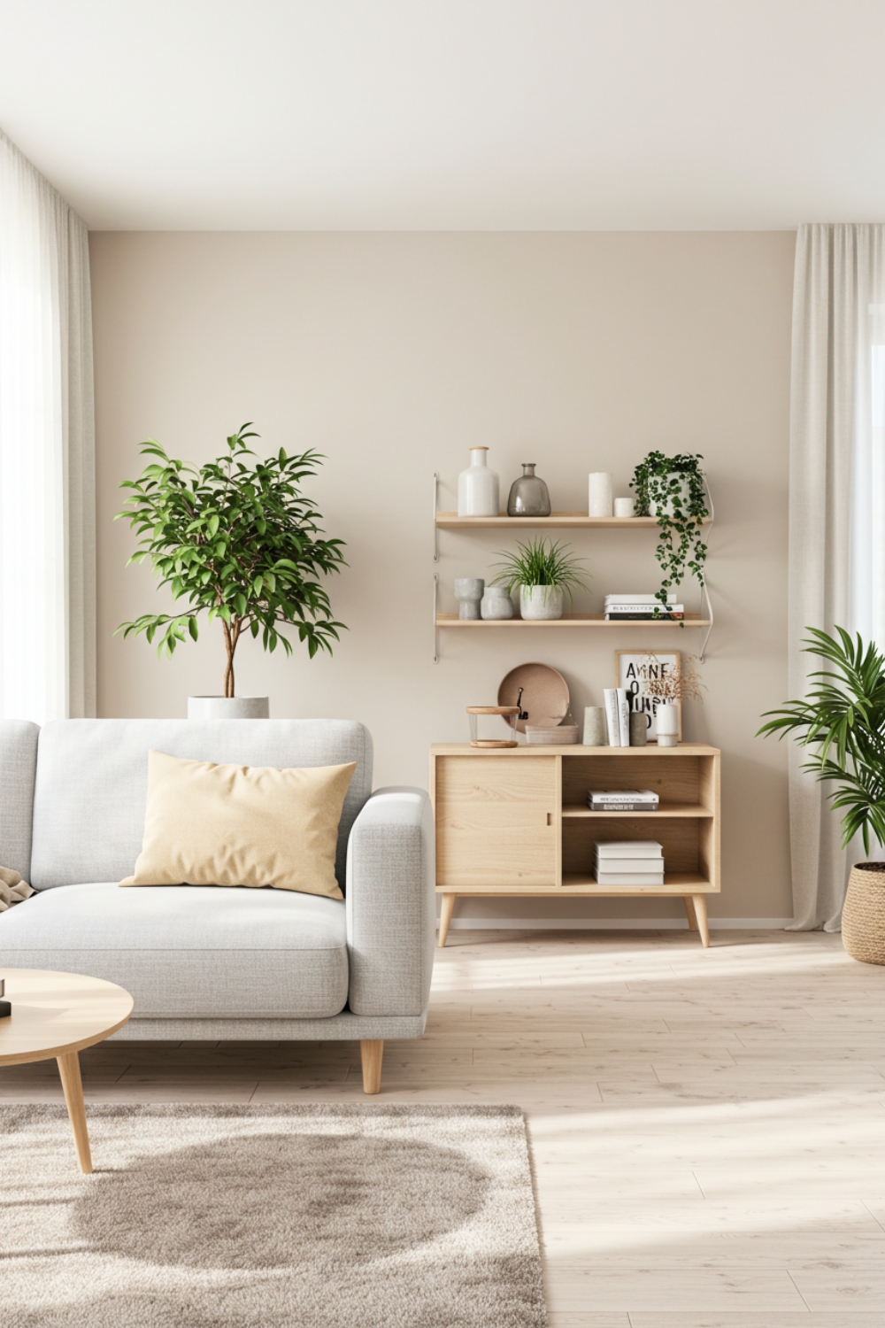 Scandinavian Modern Living Room With Beige Walls And Gray Accents 