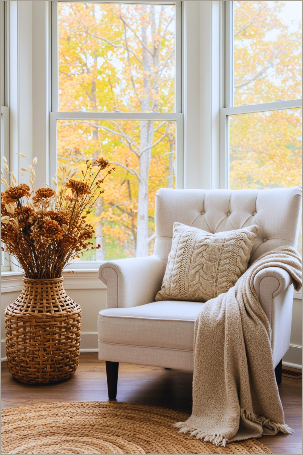 Scandinavian-inspired cozy corner with a tufted white armchair