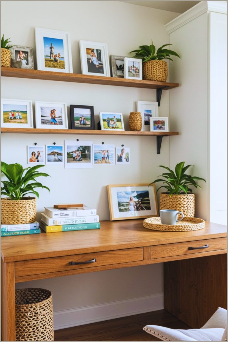 Scandinavian-inspired home office with a wooden desk styled with books,