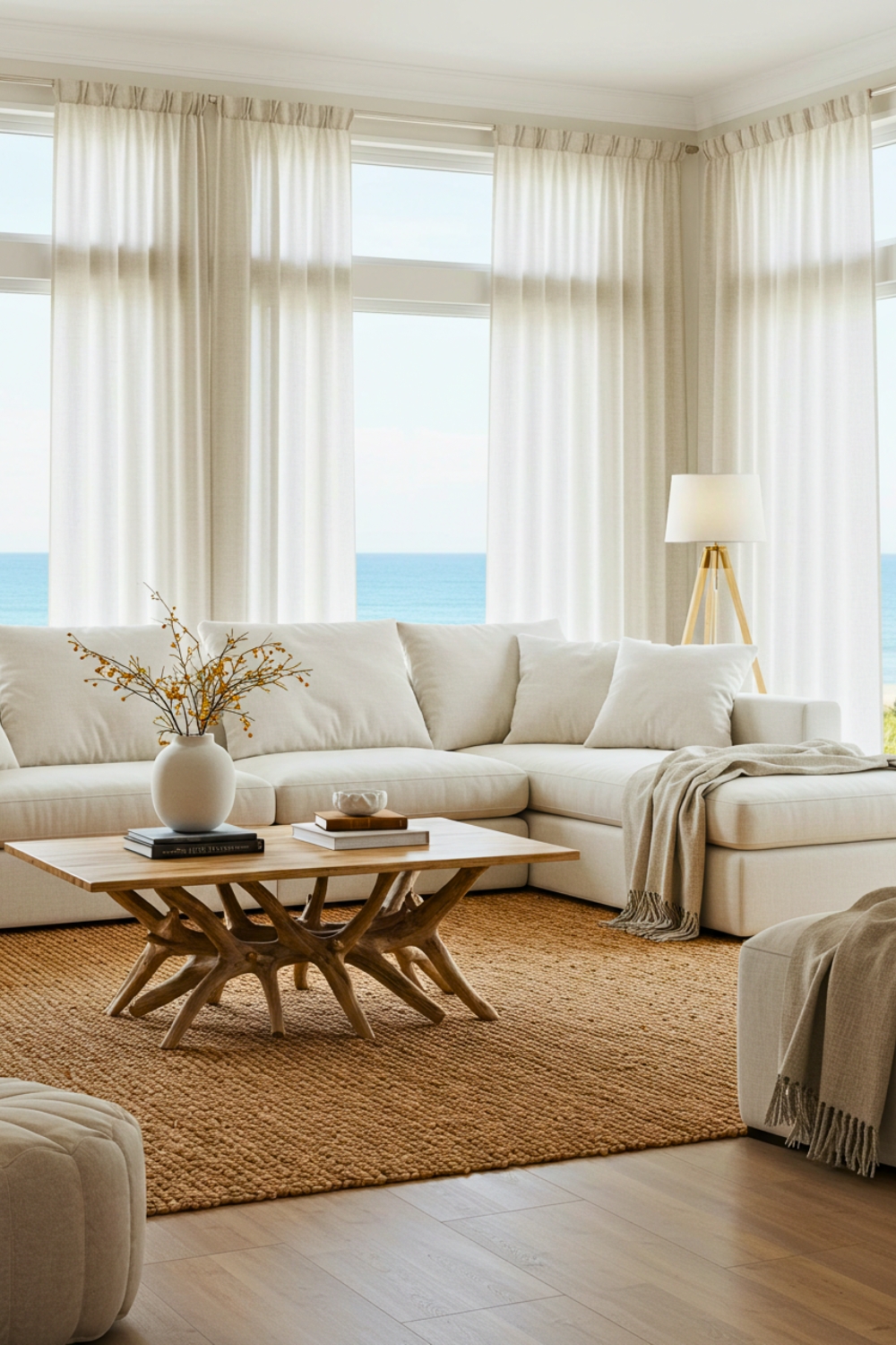 Serene Coastal-inspired Living Room With A White, Plush Sectional Sofa Adorned