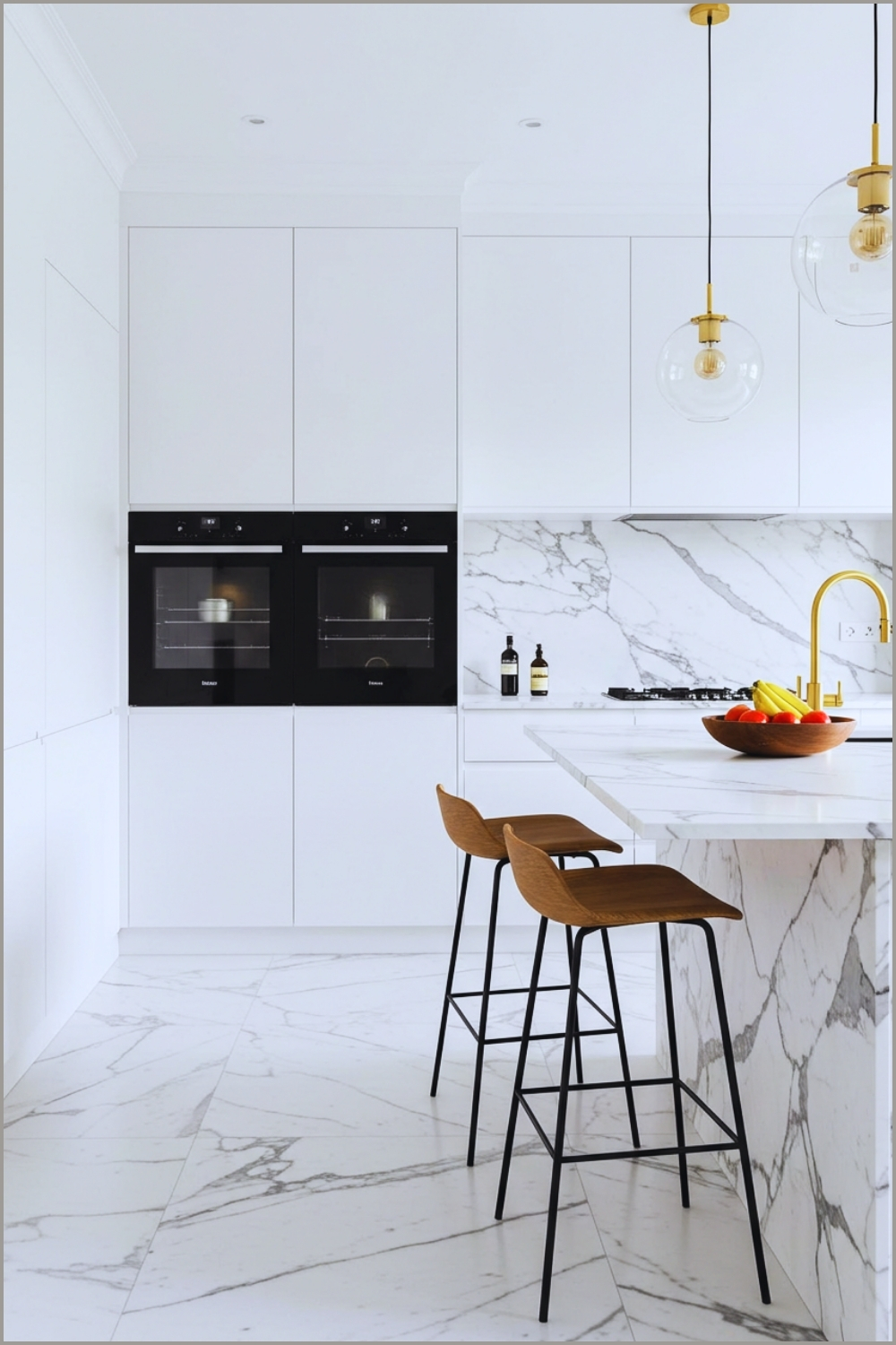 Sleek Modern Kitchen Interior With White Marble Walls Countertops