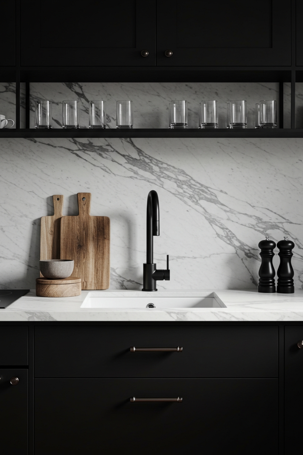Sleek Monochrome Kitchen Vignette Matte Black Lower
