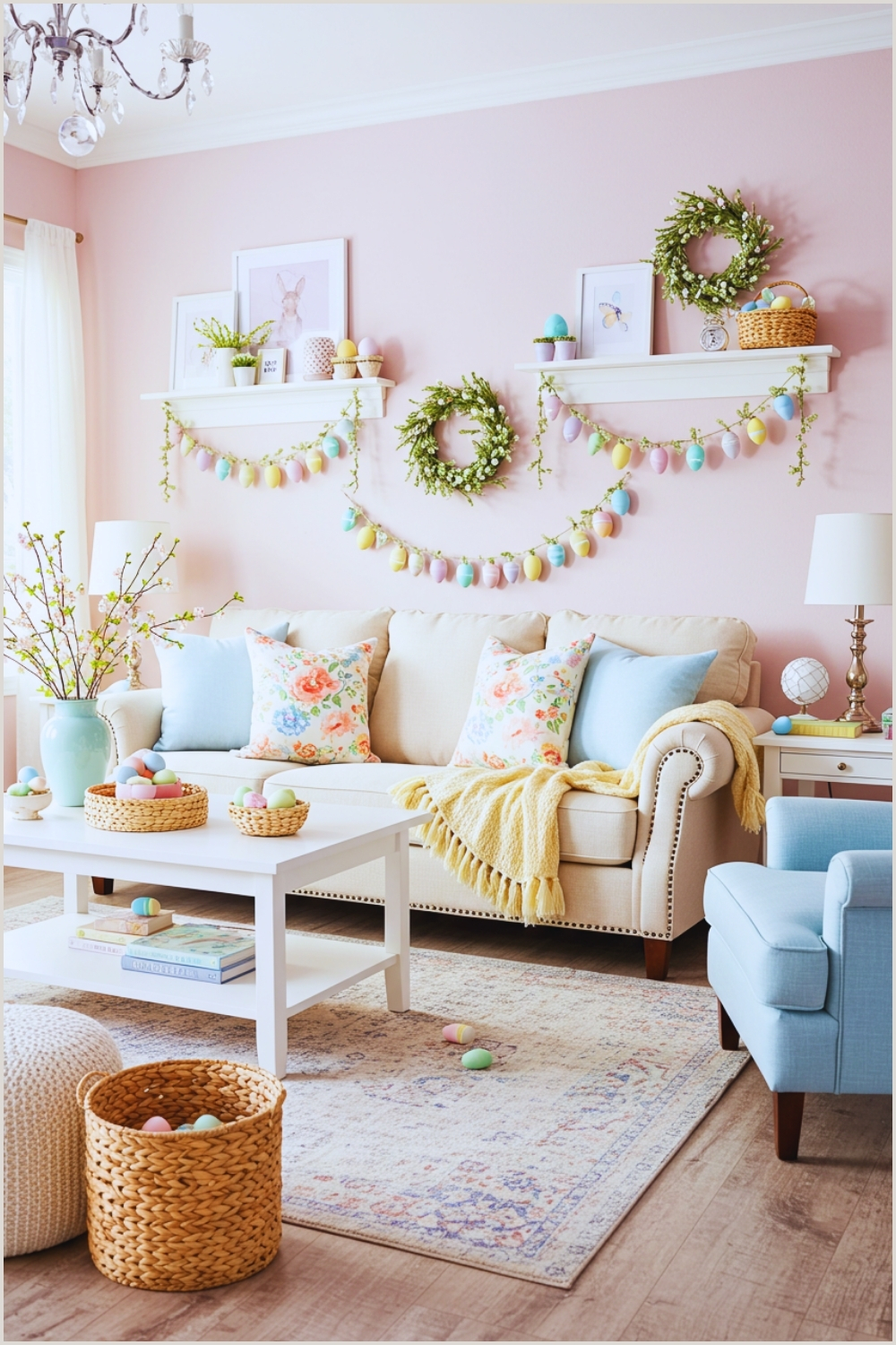 Soft Pastel Easter Living Room With Blush Pink Walls Cream Sofa And Light