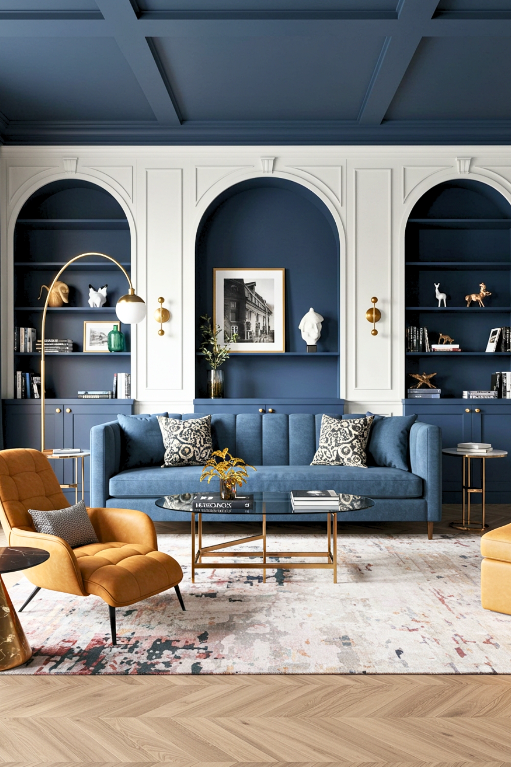 Modern Living Room With Navy Built In And Arched Design 
