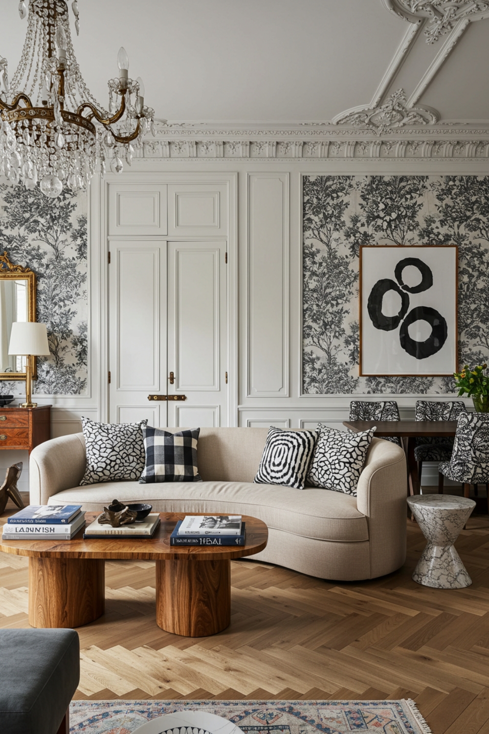 Parisian Living Room With Ceiling Moldings And Crystal Chandelier 