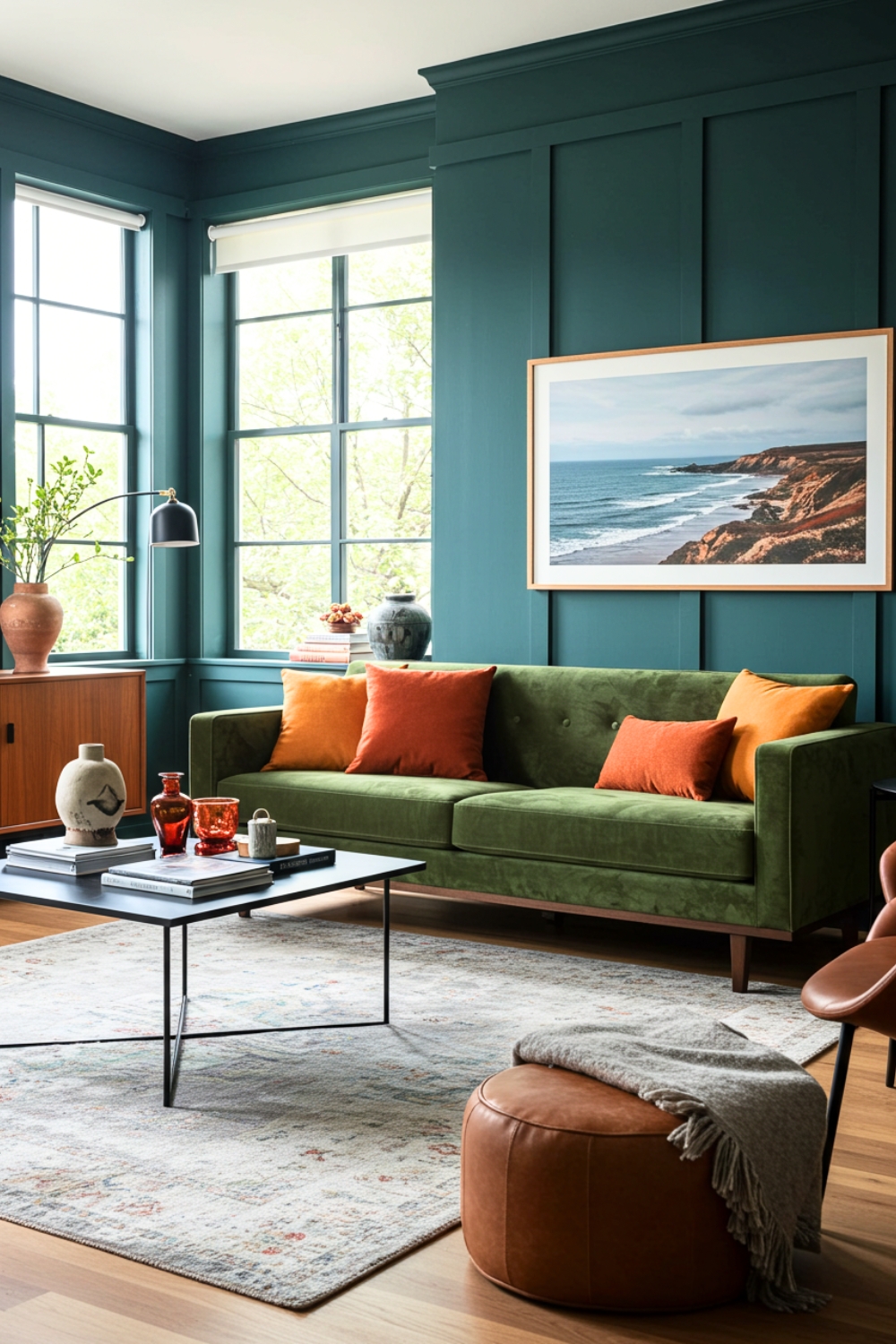 Stylish Living Room With Teal Wall And Green Velvet Sofa 