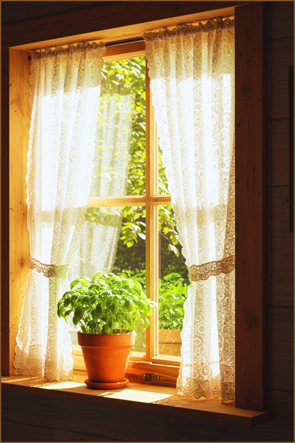 Sunlit Cottage Window With Lace Curtains, Small Terracotta Pot