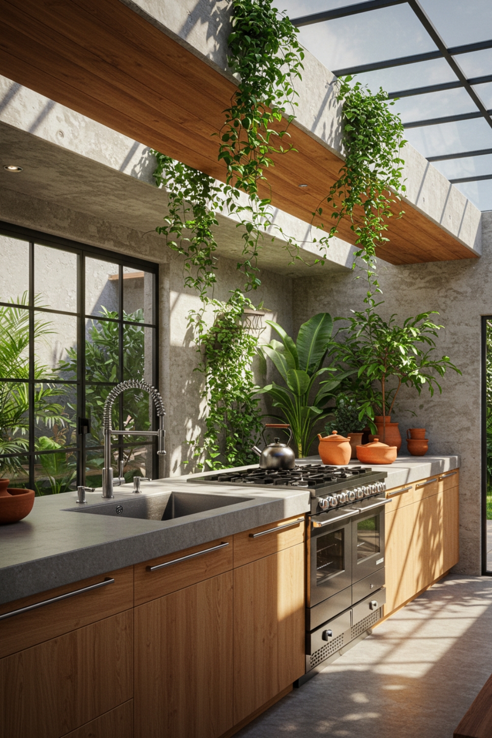 Sunlit Modern Greenhouse Kitchen Galley Layout
