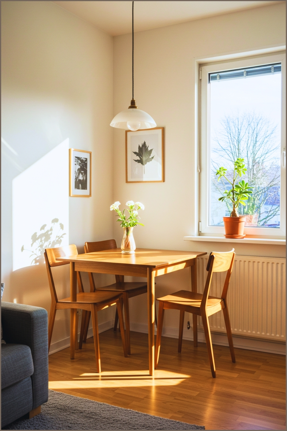 Sunlit Small Living Room With Compact Wooden Dining Table