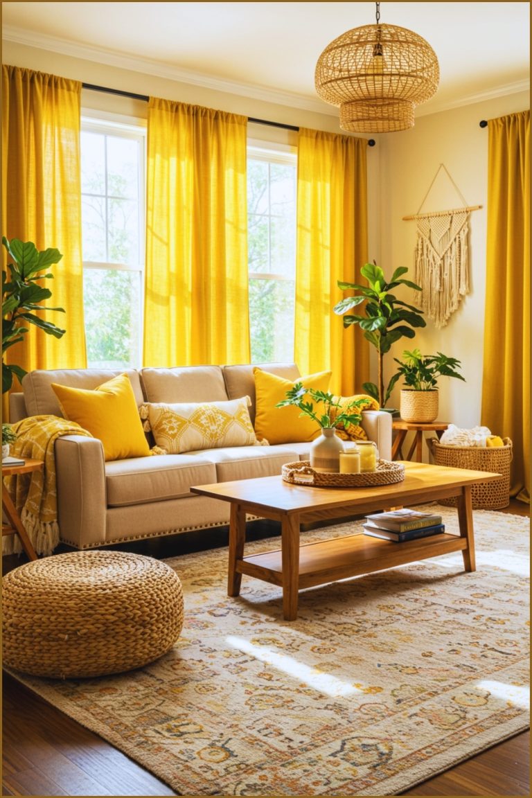 Sunny Bohemian Living Room With Mustard Yellow Curtains Neutral Beige Sofa