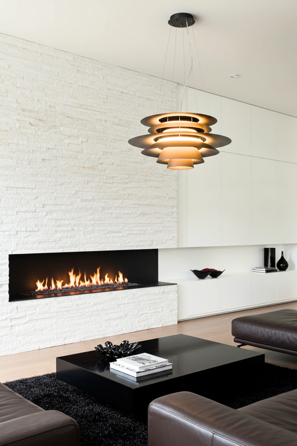 Contemporary Living Room With A Striking Linear Fireplace 