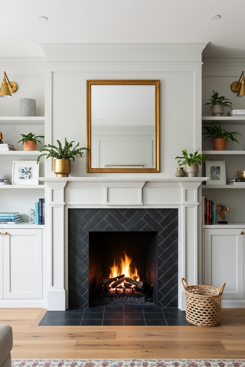 Cozy Living Room With A Charming White-framed Fireplace 