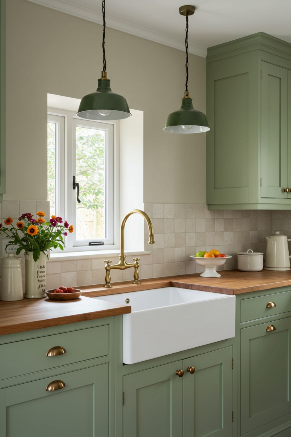 This Cozy Kitchen Exudes Rustic Charm With Its Soft Green Cabinetry And Classic Farmhouse Sink.
