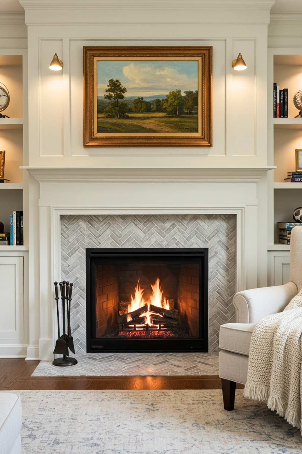 Cozy Living Room With Traditional White-framed Fireplace 
