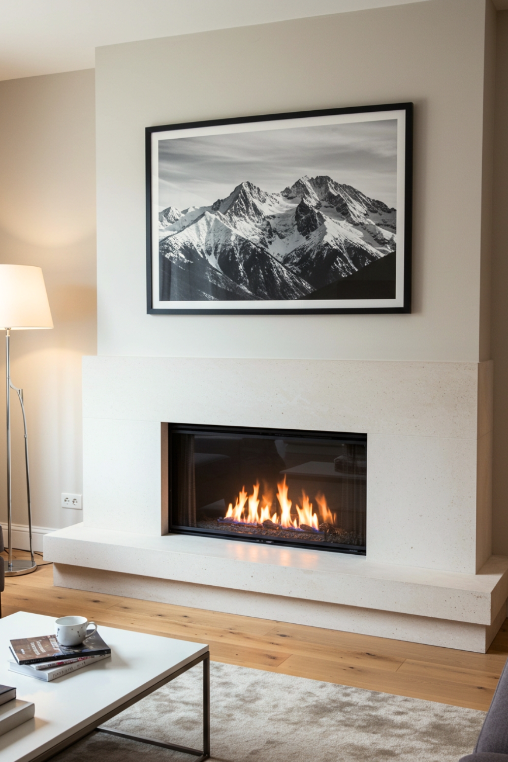 Elegant Living Room With A Sleek Contemporary Fireplace 