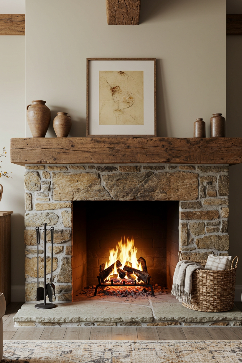 Rustic Living Room Corner With A Charming Stone Fireplace 