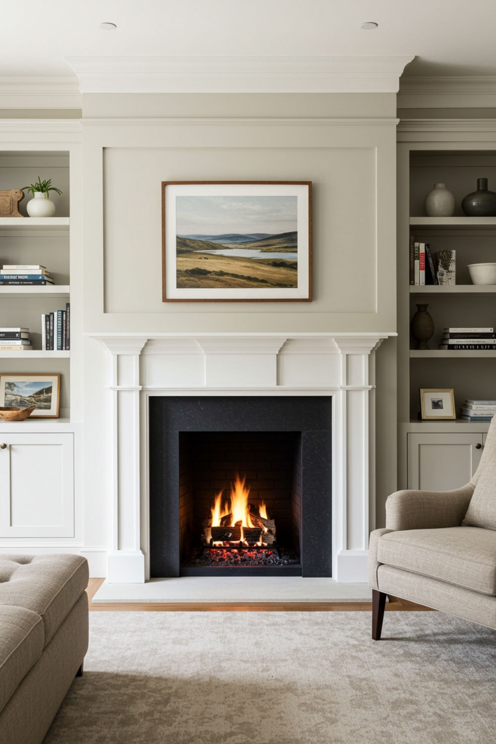 Inviting Living Room With A Classic White Mantel 