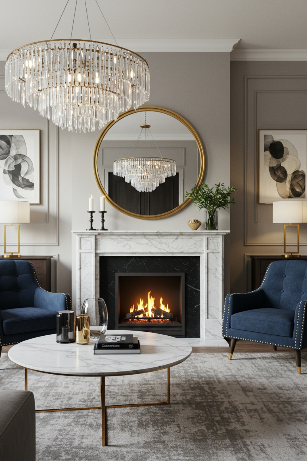 Luxurious Living Room With A Stunning Marble Fireplace 