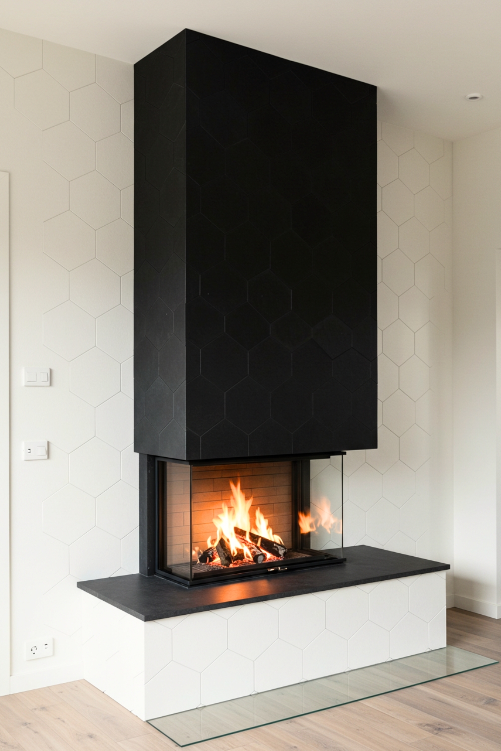 Modern Fireplace With A Geometric Honeycomb-tiled Wall 
