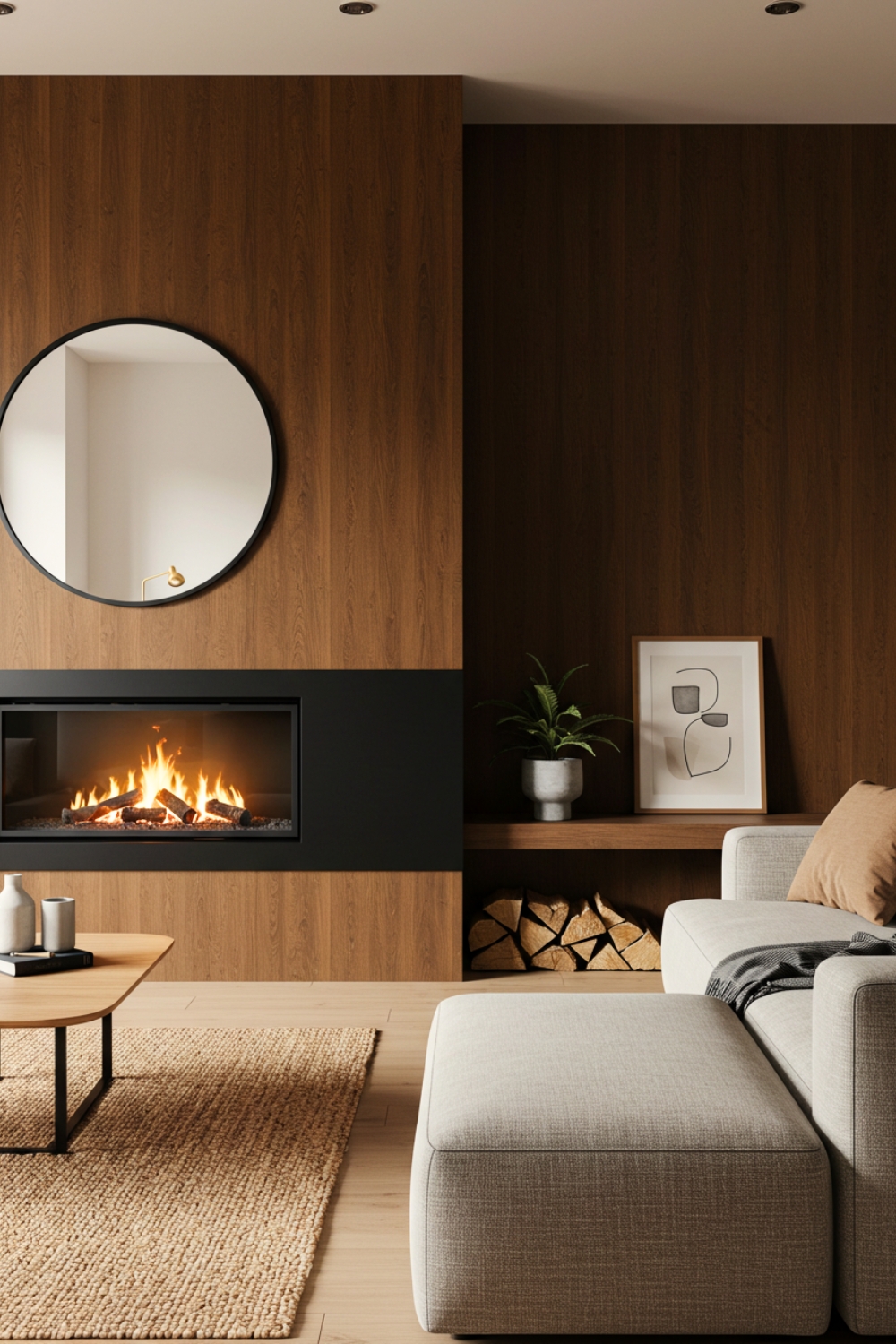 Modern Living Room With A Rich Wood-paneled Fireplace Wall 