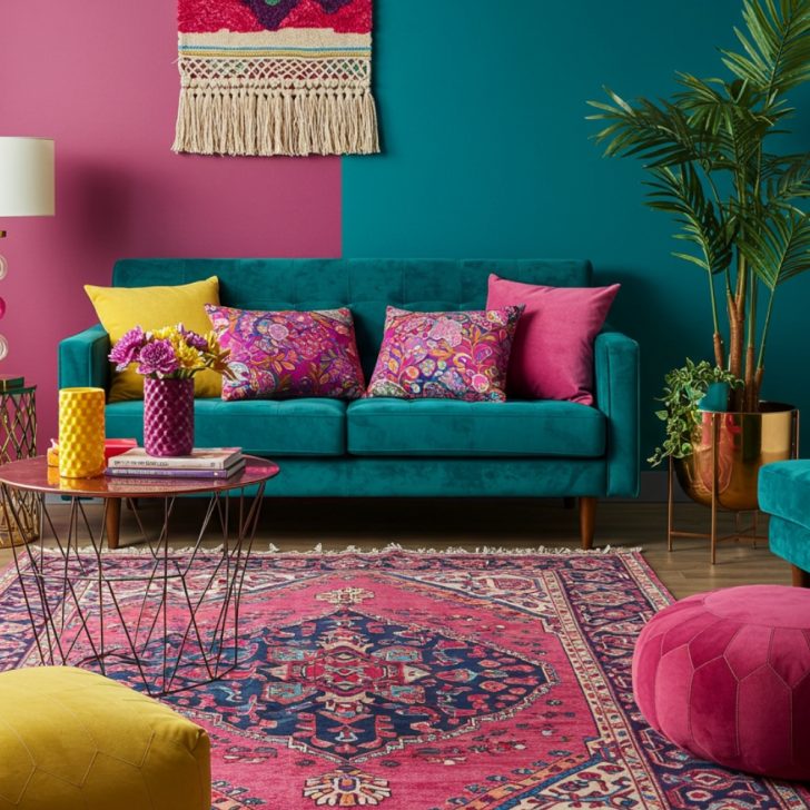 This Vibrant Living Room Features An Eclectic Mix Of Rich Colors And Textures