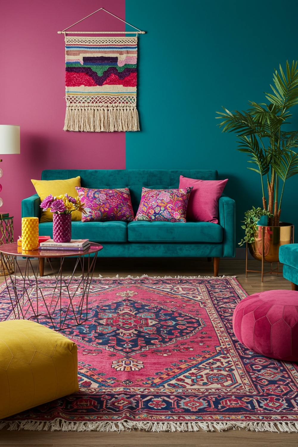 This Vibrant Living Room Features An Eclectic Mix Of Rich Colors And Textures
