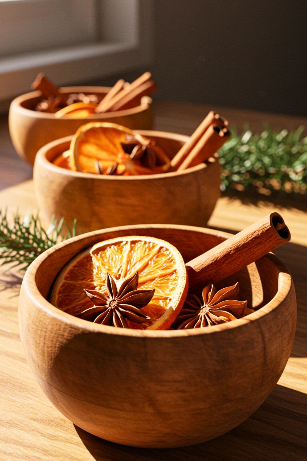 Three wooden bowls on a sunlit wooden table