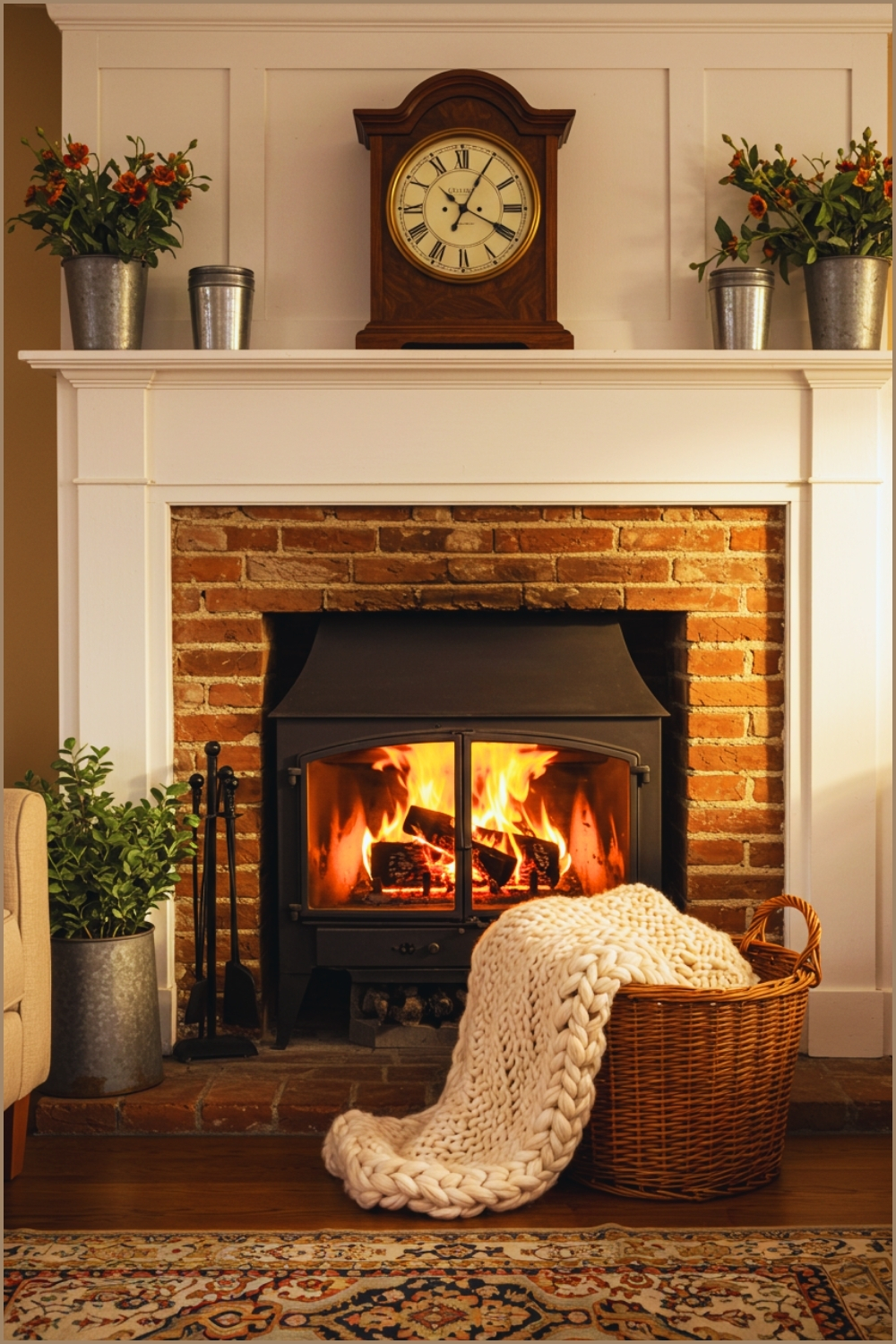 Traditional Brick Fireplace With Roaring Fire White Wooden Mantel