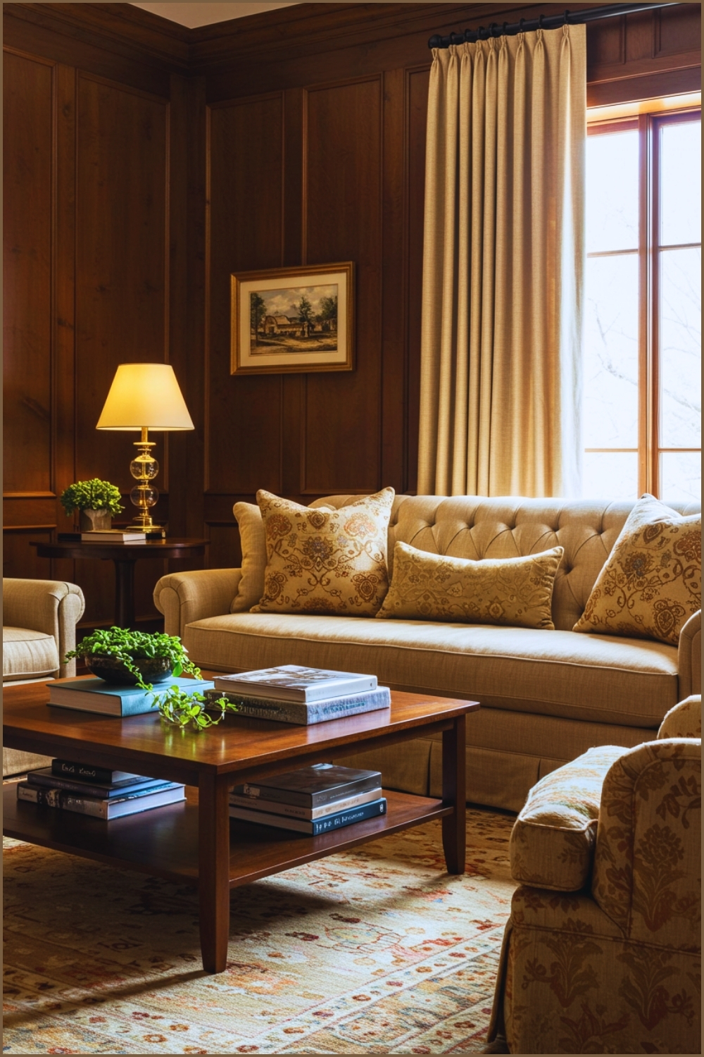 Traditional Cozy Living Room With Rich Wooden Wall Paneling
