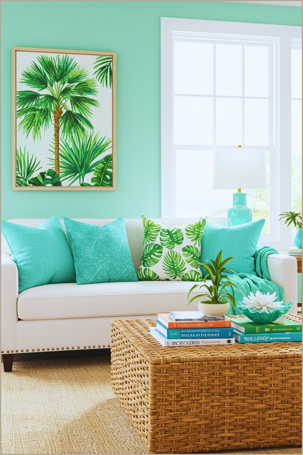 Tropical Coastal Living Room With White Sofa Decorated With Turquoise