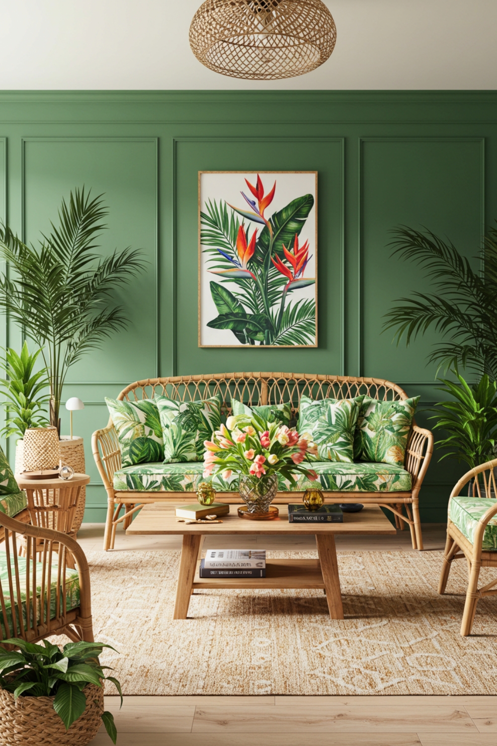 Tropical Living Room With Green Walls And Rattan Furniture 