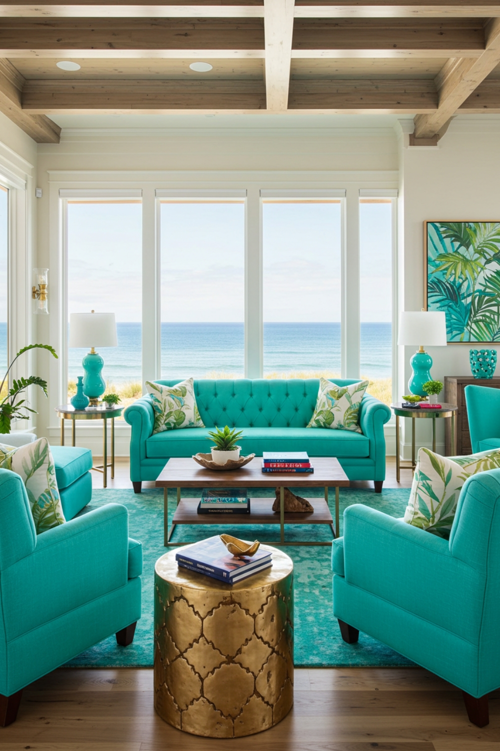Vibrant Coastal Living Room With Bright Turquoise Tufted Sofa And Armchairs