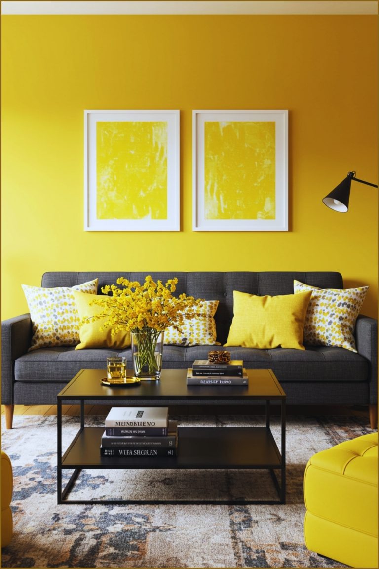 Vibrant Modern Living Room With A Bold Yellow Accent Wall Dark Gray Sofa