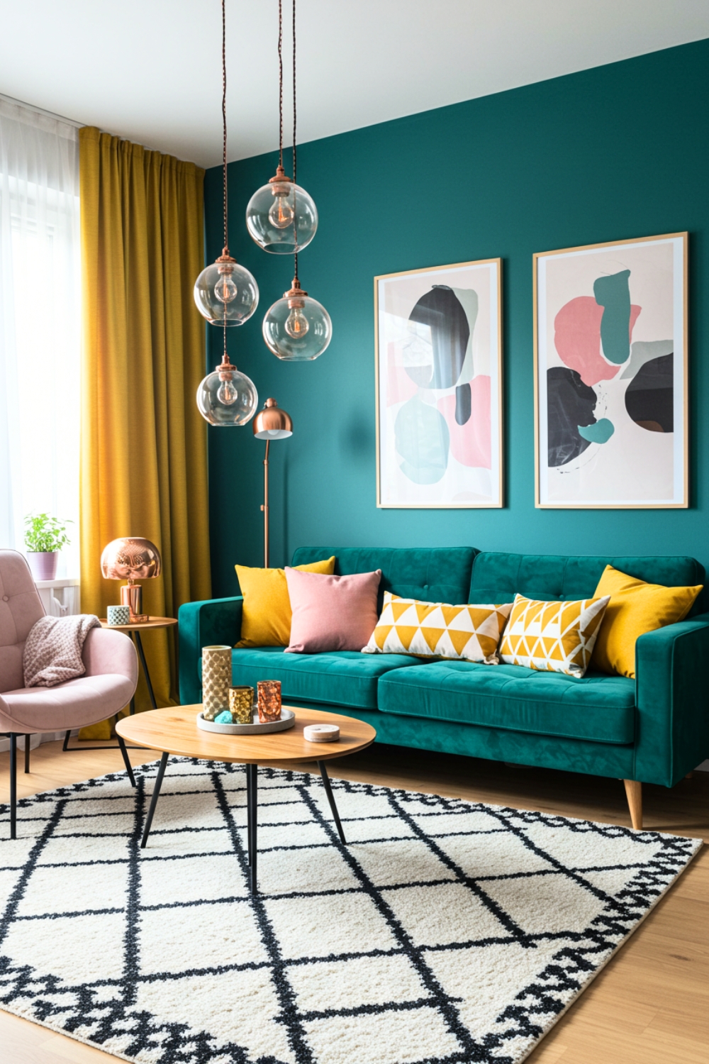 Vibrant Living Room With Teal Sofa And Colorful Pillows 